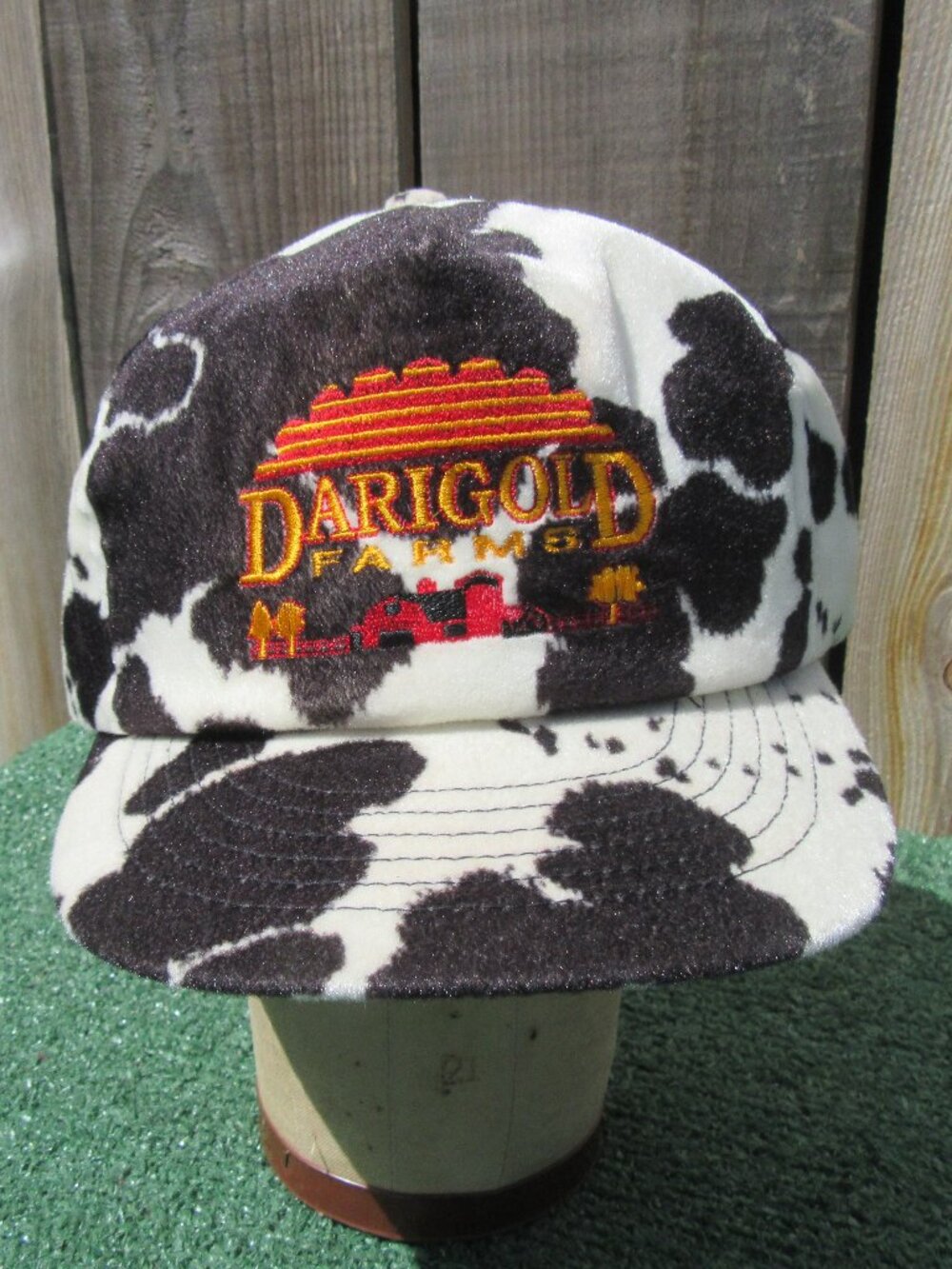 Vintage Darigold Farms Cow Print Fuzzy Snapback Baseball Hat Cap